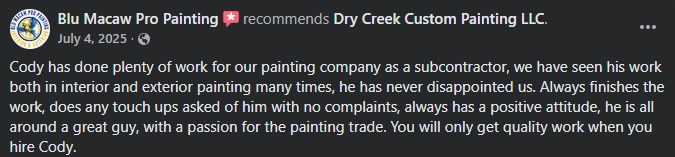 Facebook review from Blu Macaw Pro Painting recommending Cody for quality interior and exterior painting work